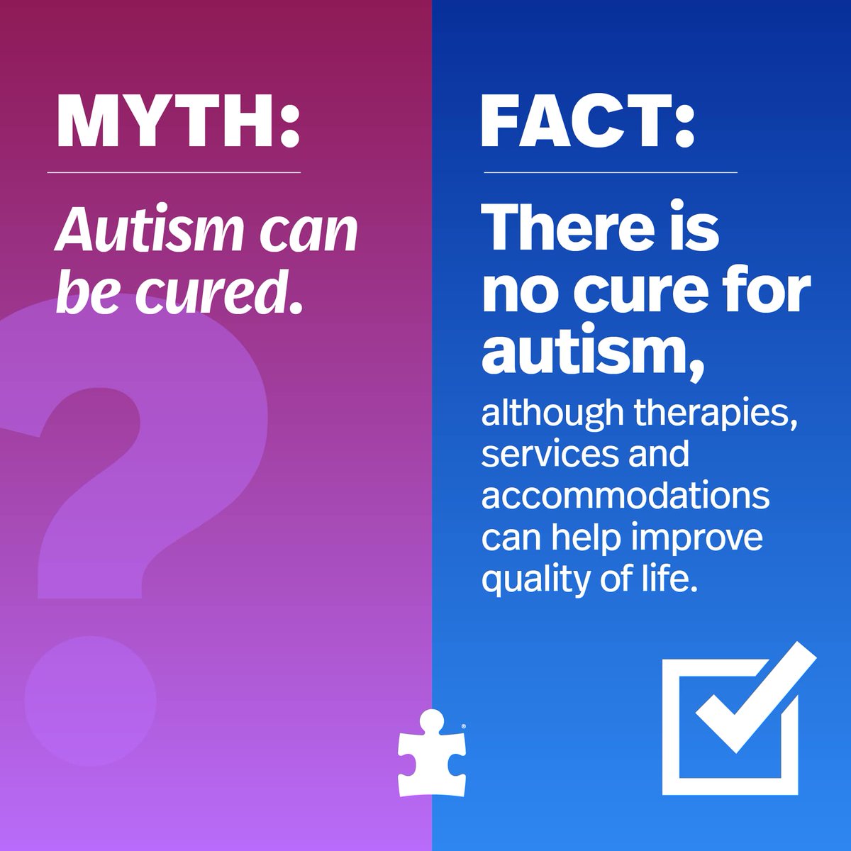 Myths and facts about autism ✔️ Learn more about autism on our website autismspeaks.ca/fearless/ #AutismSpeaksCanada#AutismSpeaks#Autism #WorldAutismMonth#WAM #AutismAcceptance#UnitedWeStandFearless#ActFearlessly