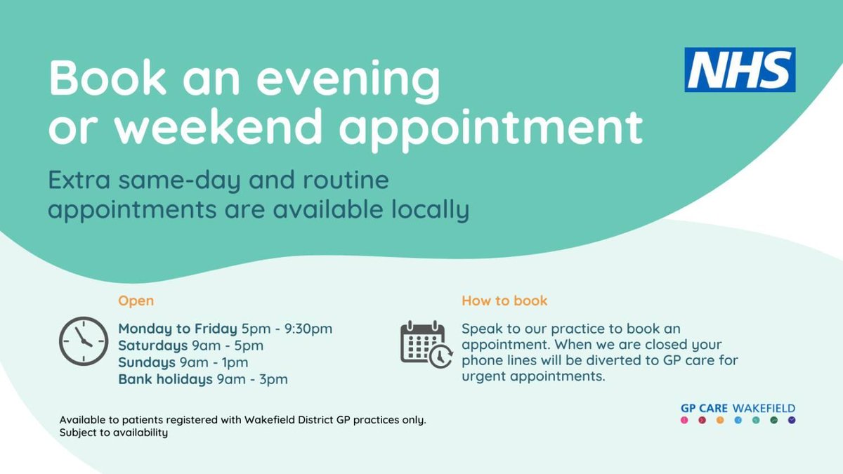 Feel unwell and need help during the weekend? 🤒 If you think you might need to speak to a doctor, they’re still here. 📲 Just call your practice as usual and you’ll be diverted through to GP Care Wakefield.