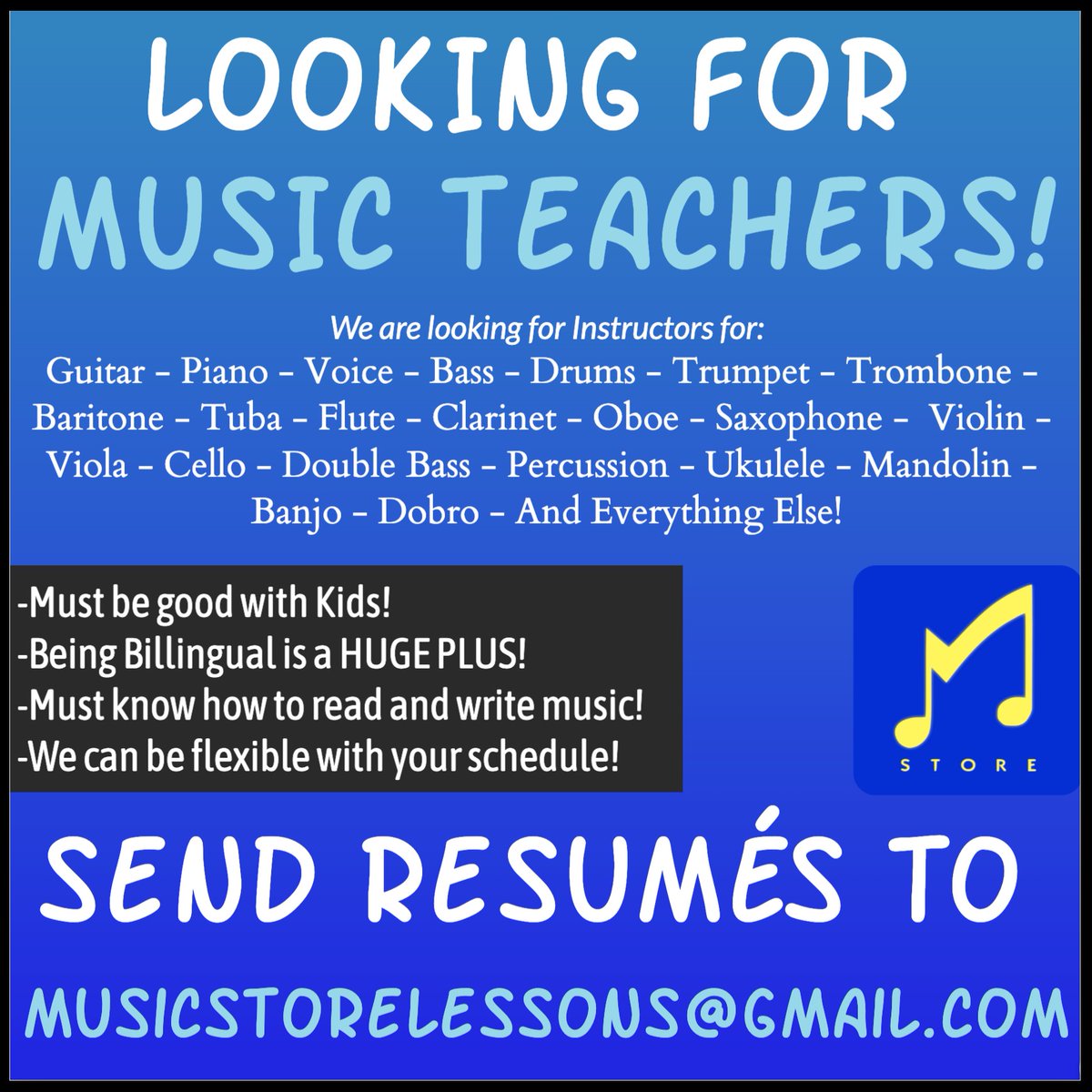 Want to teach an instrument? At the Music Store, we are ALWAYS hiring talented instructors. Feel free to send in your resumé! We are ready and willing to work with you! #MusicStore #MusicLessons #MusicTeacher #MusicInstructor #MusicLesson