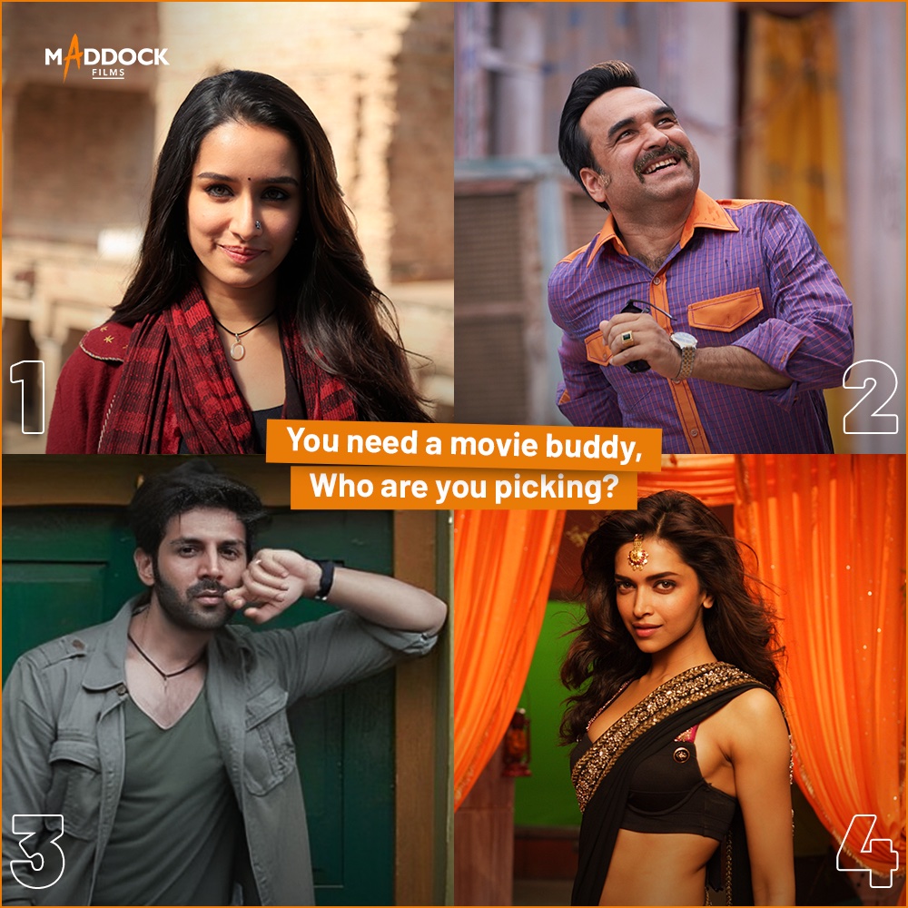 It's movie night, who are you picking? 👀🎬 Tell us in the comments 👇 #ShraddhaKapoor #PankajTripathi #KartikAaryan #DeepikaPadukone #DineshVijan #MaddockFilms