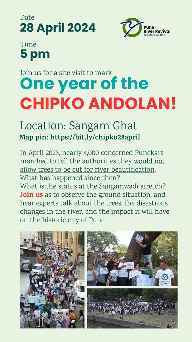 One year ago, nearly 4,000 Punekars marched to save trees from being cut for 'riverbank beautification' 

Visit Sangam Ghat on 28 April 2024 at 5 pm to see the impact on Pune's historic city. 

Location: maps.app.goo.gl/ax4FoT95RZDpxQ… 

#PuneEnvironment #RiverConservation