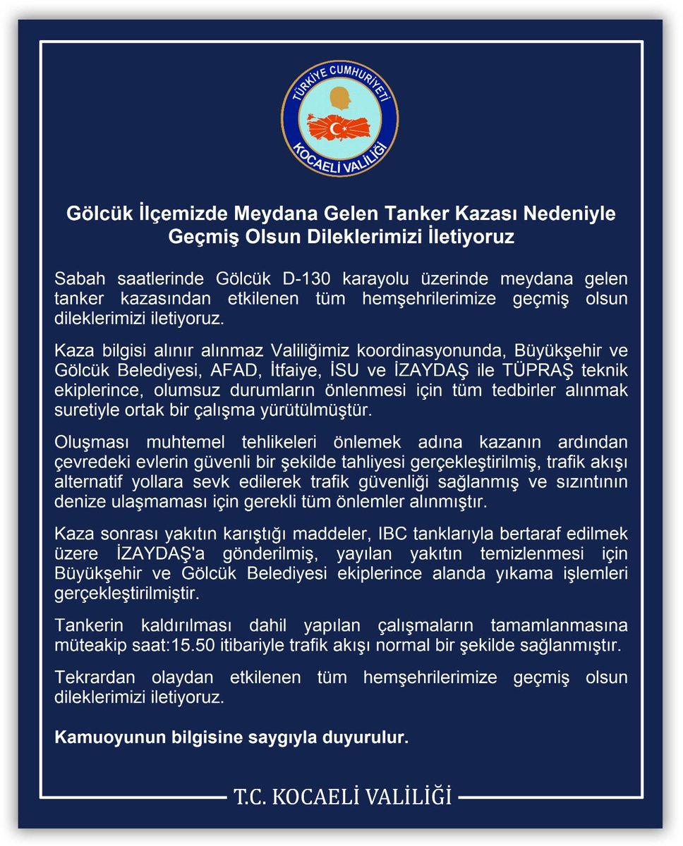 D130 karayolunda meydana gelen tanker kazası sonrası Valiliğimizin koordinasyonunda titiz ve uzun bir çalışma sonucunda 15.50 itibarile trafiğe açılmıştır. Büyükşehir Belediyemize , Afad’a İzaydaş’a ve Tüpraş ekiplerine emek ve gayretleri için çok teşekkür ederim. Geçmiş olsun