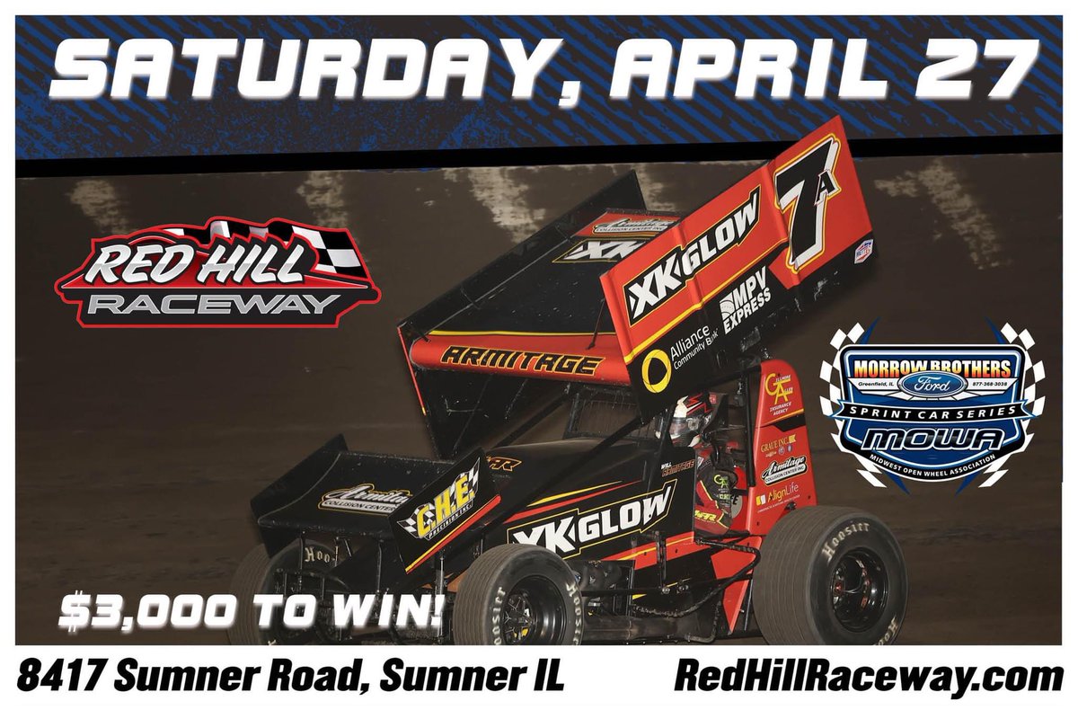 𝗜𝘁'𝘀 𝗥𝗮𝗰𝗲 𝗗𝗮𝘆! 

The Morrow Brothers Ford, Inc. MOWA Sprint Car Series will make their first visit to Red Hill Raceway in Sumner, Illinois!