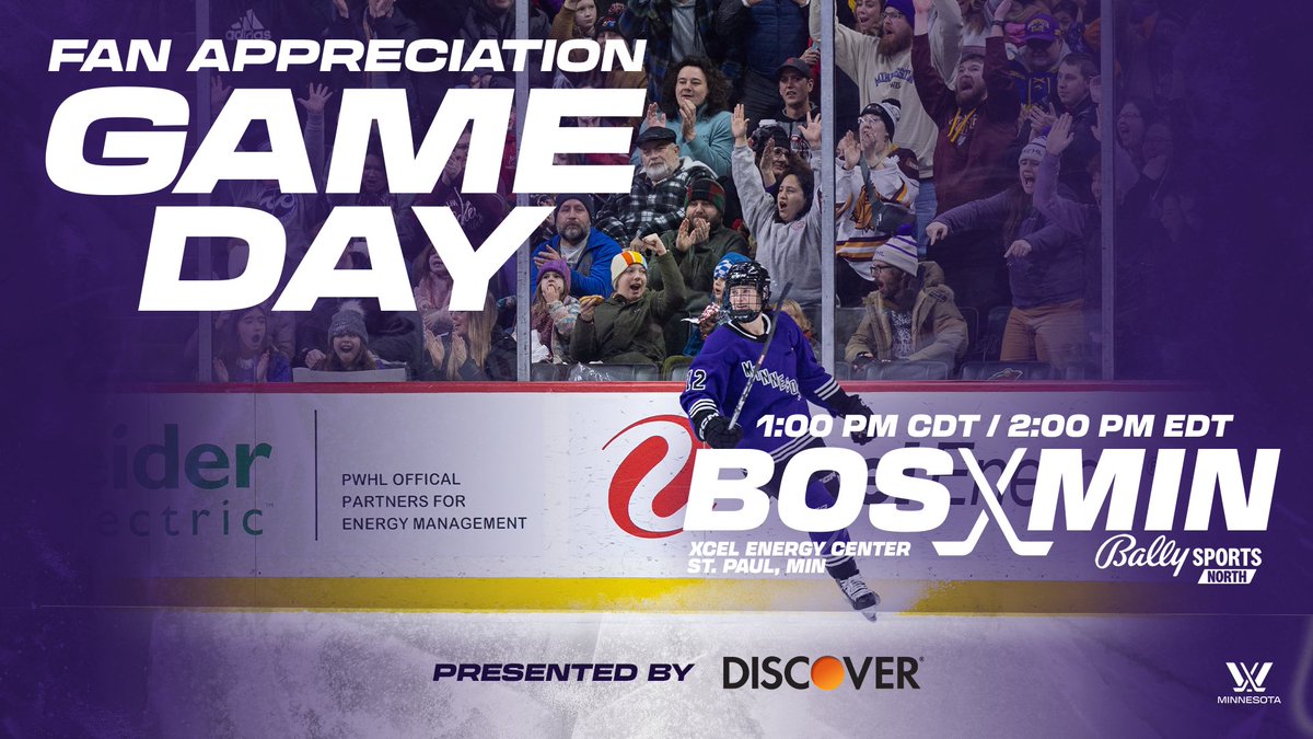 It’s Game Day! With the best fans in North America! 😎 🆚 @PWHL_Boston 📍 @XcelEnergyCtr ⏰ 1 PM CT / 2 PM ET 📺 @BallySportsNOR Presented by @Discover