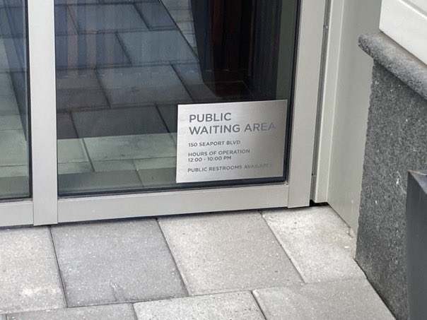 Meanwhile at 150 Seaport, while commercial patio expansion abutting the Harborwalk is “reviewed” without any technical drawings to specify the proposed patio dimensions or the Harborwalk itself…

…here’s where public restroom signage remains, contrary to BPDA and DEP sign-offs.