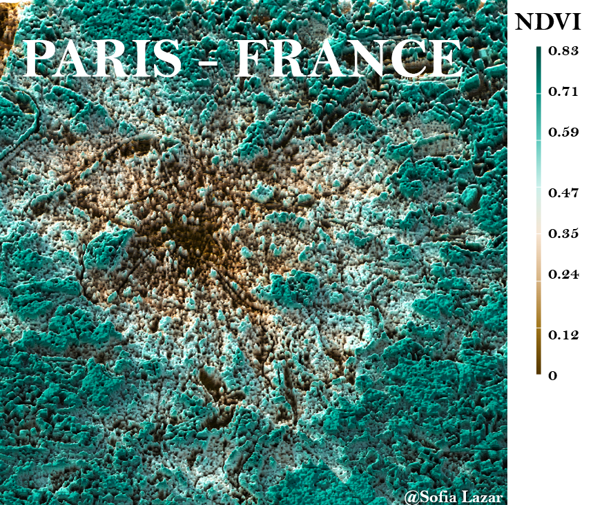 #Paris 🇫🇷 vue du ciel 🌿🏙️ L'indice NDVI révèle les poumons verts de la capitale ! 🌳 Les parcs et jardins ressortent en vert vif, contrastant avec les zones urbaines🛰️ Inspired by @milos_agathon #NDVI #Télédétection #Urbanisme #Environnement #30DayChartChallenge #esri #Landsat8