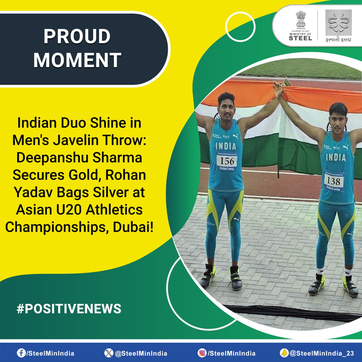 #DeepanshuSharma claimed #gold with a best throw of 70.29 meters, while #RohanYadav secured #silver with a best throw of 70.03 meters at the Asian U20 Athletics Championships. Congratulations to both for their outstanding achievement!🥇🥈🇮🇳

#PositiveNews #AsianU20 #Dubai