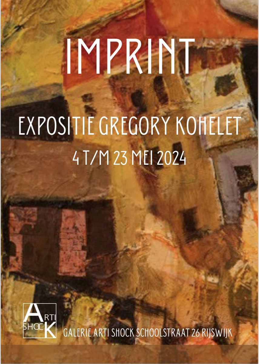 Vanaf zaterdag 4 t/m donderdag 23 mei is in galerie Arti Shock de expositie ‘Imprint’ van Gregory Kohelet te bezichtigen. Officiële opening is op zondag 5 mei om 15.00 door kunsthistorica Brigitte van Blitterswijk. Van harte welkom! #inrijswijk #tvrijswijk #oudcentrumrijswijk