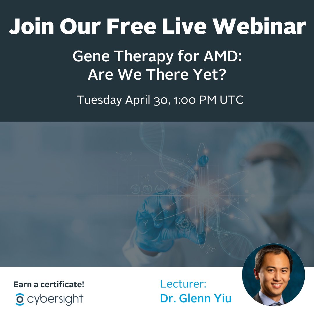 The topic for our final live webinar for April is: “#GeneTherapy for #AgeRelatedMacularDegeneration: Are We There Yet?” 🧬 Register now: ow.ly/X9GS50R6ZPv
@orbisintl #Cybersight #OnlineLearning #Ophthalmology #MedicalTraining #MedicalEducation