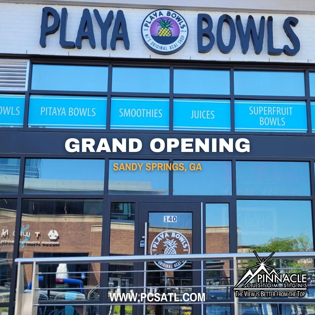 Congratulations to our client Playa Bowls - Sandy Springs! Today is their big Grand Opening at 10 AM! #betterfromthetop #franchise #windowvinyl #channelletters #playabowls #fruit #pinneappleland #sandysprings #atlanta #georgia #businesssigns pcsatl.com