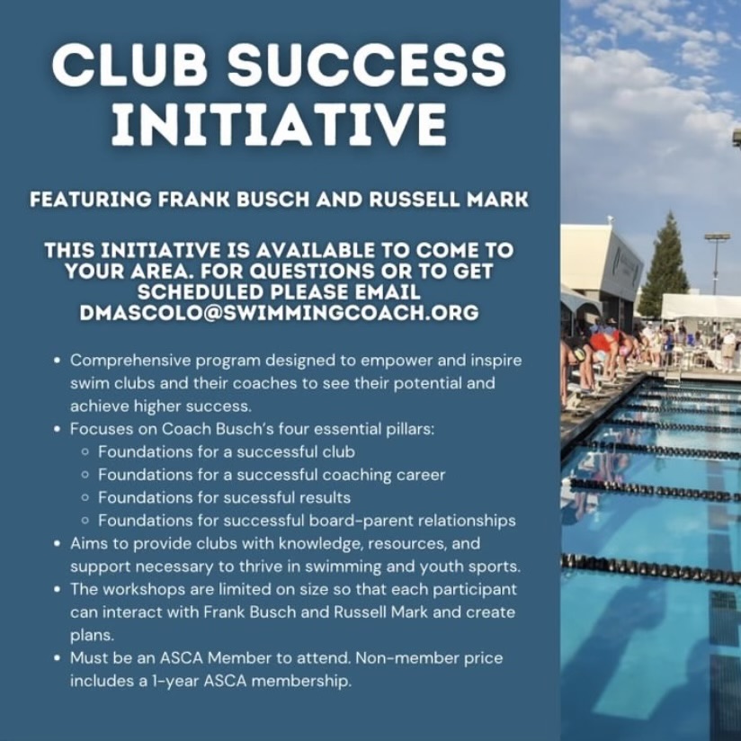 ASCA MEMBERS - Please email dmascolo@swimmingcoach.org to schedule the club success initiative to come to YOUR area! 

#clubsuccess #coachingsuccess #swimming #swimcoach #swimmers #mindset