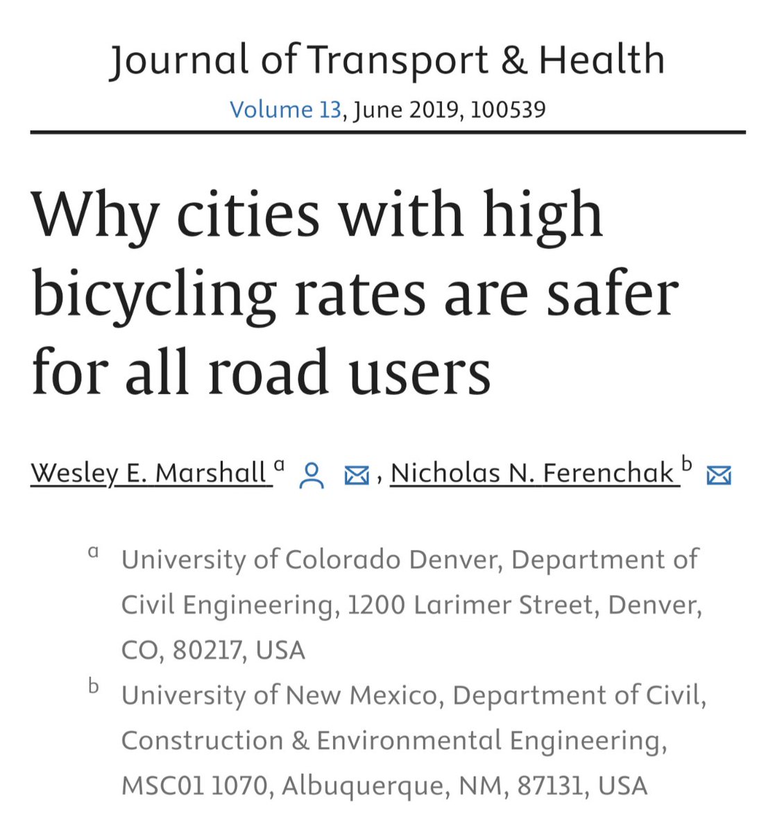 'Despite bicycling being considered ten times more dangerous than driving, the evidence suggests that high-bicycling-mode-share cities are not only safer for bicyclists but for all road users.'