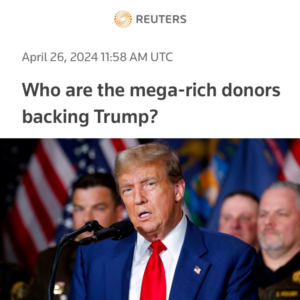 Top 5 donors to Trump: Timothy Mellon - $36.5M Issac Perlmutter - $31M Linda McMahon - $25M Robert Bigelow - $10M Patricia Duggan - $5M The maximum an individual can legally donate - $3300 This is how badly billionaires are exploiting our broken campaign finance laws.