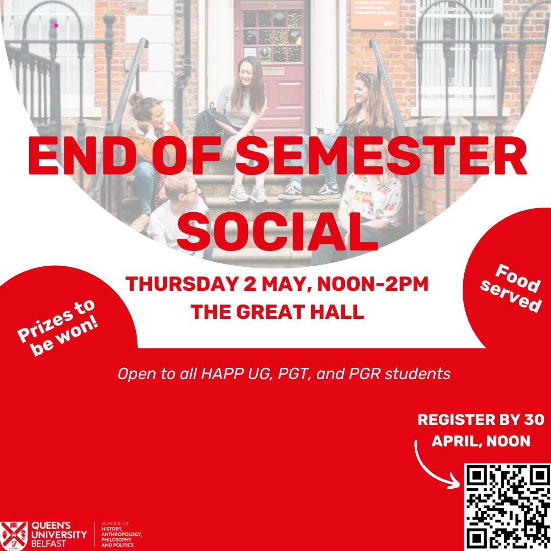 📣HAPP UG, PGT & PGR students Don't forget to join our End of Semester Social 🥳 Grab some food, enjoy some party games and WIN prizes to celebrate the end of semester 📅02/05, noon-2pm 🏛️The Great Hall Register by 30/04, noon 👉 ow.ly/J27O50RmYSv