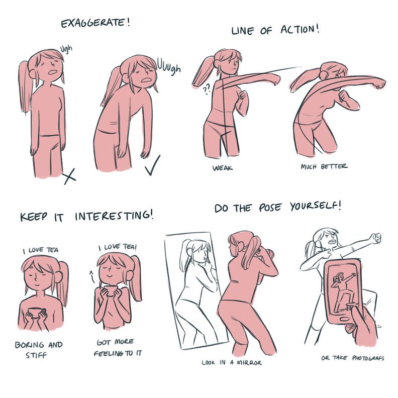 Our feature tutorial/artist for today is this BRILLIANT set of tips on putting LIFE into your poses by Lomonte on tumblr! These four simple tricks, so well illustrated here, are ESSENTIAL! #gamedev #animationdev #characterdesign #animation #howtodraw #drawingtutorial #anime