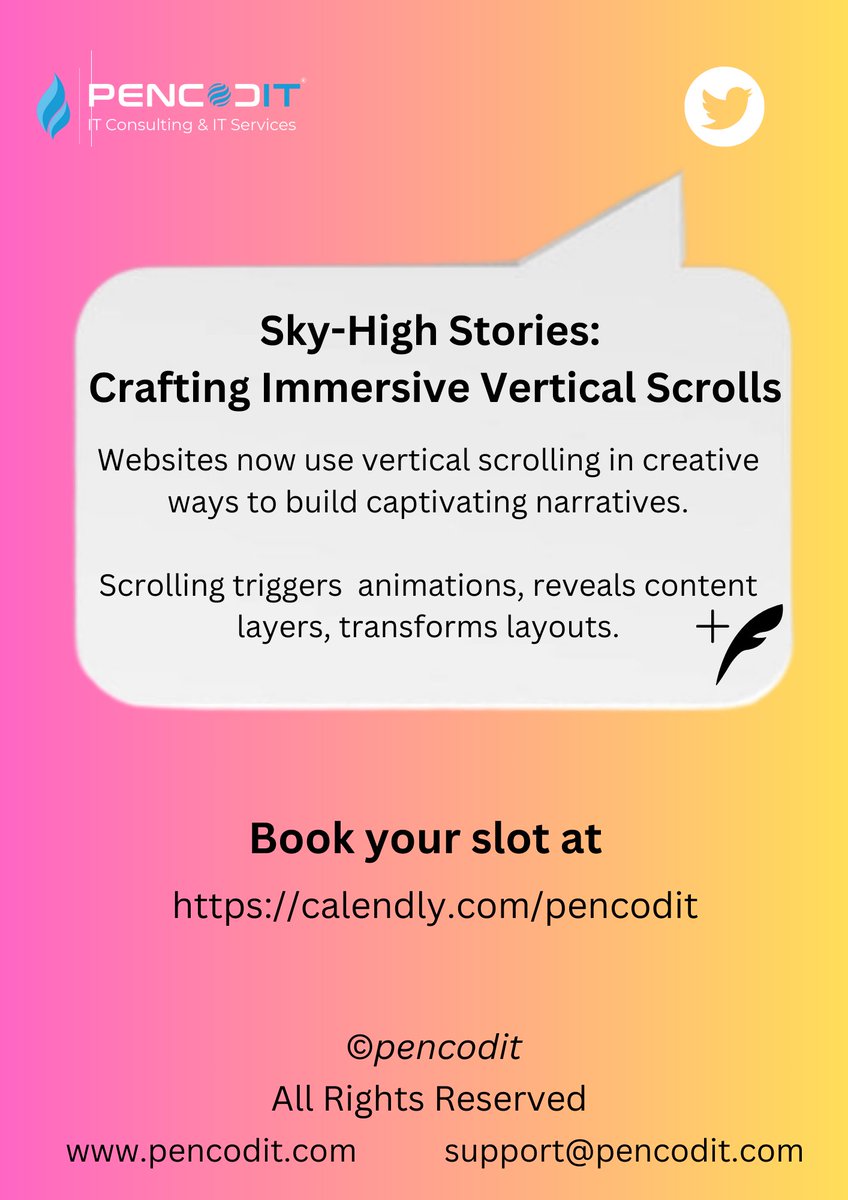 Vertical scrolling isn't just for navigation anymore—it's a storytelling tool. Dive into captivating narratives that unfold scene by scene, with animations and content layers triggered by your scroll.#WebDesignTrends #ImmersiveNarratives #PencodIT 
#PencodITConsultingService