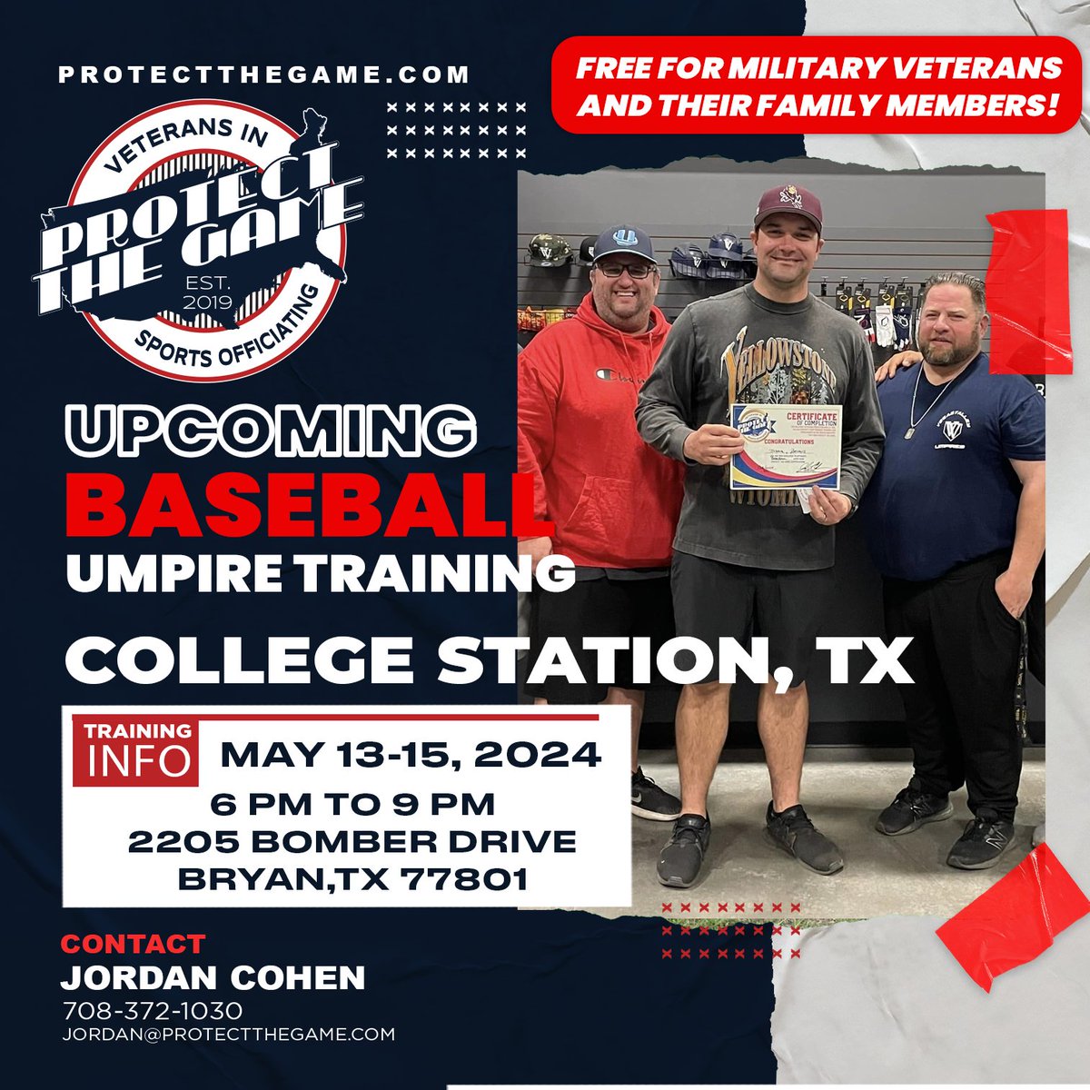 Protect The Game has a baseball umpire training coming up in College Station, TX! We still have spaces available, free of charge to military veterans & family members! ⚾️🇺🇸 🗓️ May 13-15, 2024 📍College Station, TX 🕐 6 pm- 9 pm, Daily Details/Sign-Up: bit.ly/PTGtexas