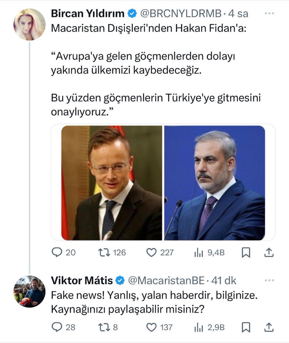 ✖️Yalan haberleriyle bildiğimiz Bircan Yıldırım tarafından ortaya atılan Macaristan Dışişleri Bakanj Viktor Matis’in “Göçmenlerin Türkiye’ye gitmesini onaylıyoruz” dediği yalan. ✅Macaristan'ın Türkiye Büyükelçisi Viktor Mátis, Bircan Yıldırım’ın göçmenlerle ilgili yalanını