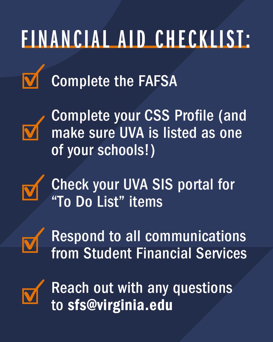 Hi, new Hoos! Have you finished sorting out your financial aid? Here’s a handy checklist and don’t be afraid to reach out to @UVASFS! Find more on how to apply for financial aid here: sfs.virginia.edu/firstyearaid