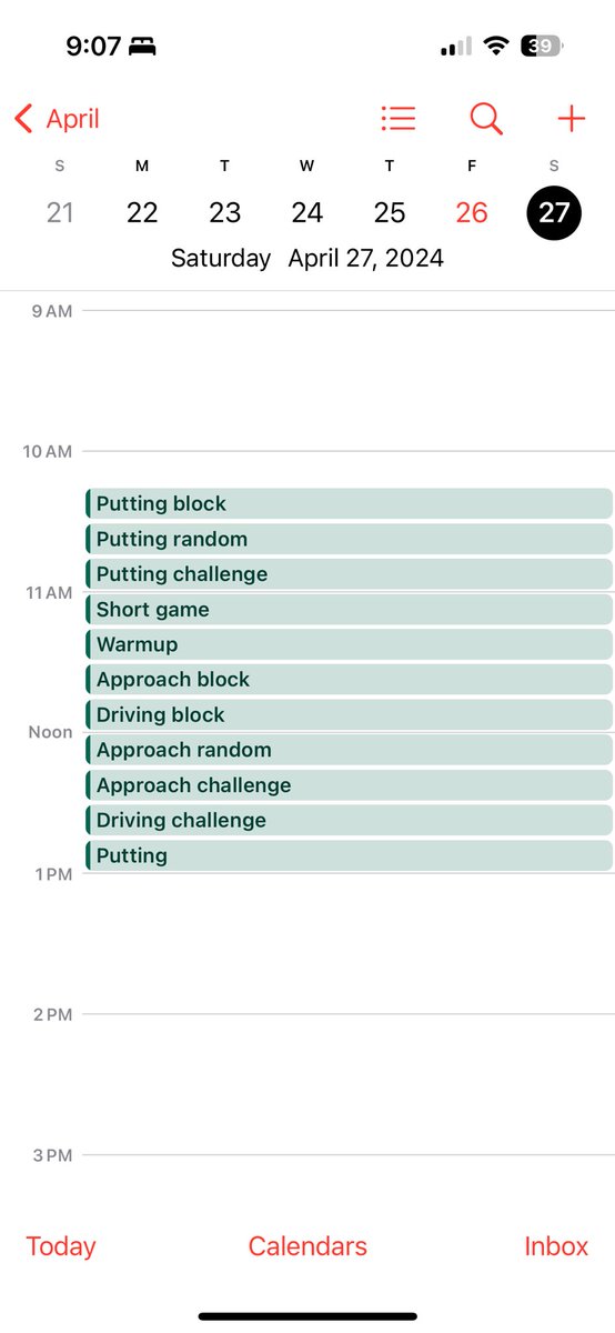 Getting some practice facility time today. Planned out the day to maximize my time. This is the same way I used to practice when I was at my best. The only difference is it was 30-45 minutes of each section instead of 15. This is a challenge for me because my tendency is to