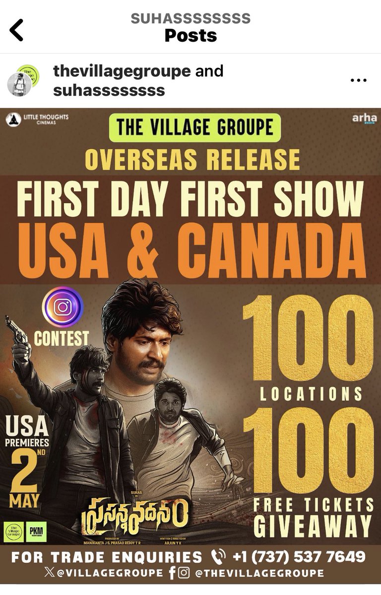 #PrasannaVadanam Biggest 100 FreeTickets GiveAway  across USA 🇺🇸 & CANADA 🇨🇦 locations. 
Participate in the #Instagram Contest at  @thevillagegroupe 💥

#PrasannaVadanamOnMay3rd 
#PrasannaVadanamTrailer