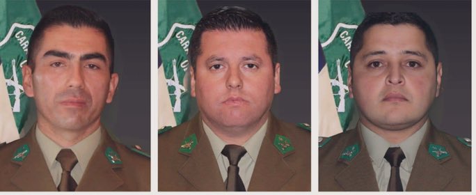 Sargento 1º Carlos Cisterna Navarro; cabo 1º Sergio Arévalo Lobos y cabo 1º Misael Vidal Cid