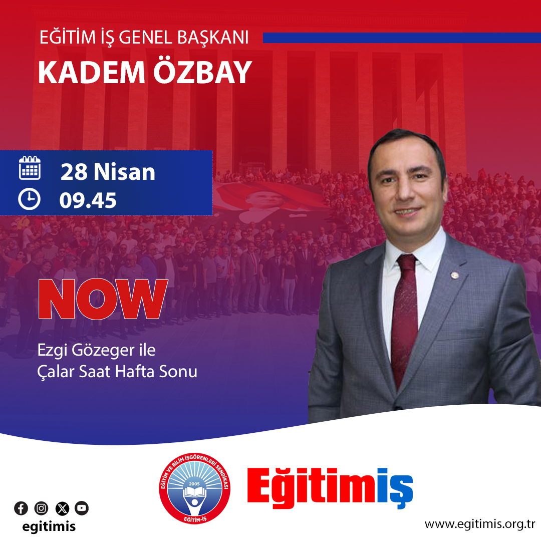 Genel Başkanımız Kadem Özbay, 🗓️ yarın (28 Nisan Pazar) ⏰ saat 09.45'te 📺 Now Tv'de yayınlanacak Çalar Saat Hafta Sonu programında gazeteci Ezgi Gözeger'in canlı yayın konuğu olacaktır. @kademozbay_ @nowtvturkiye @ezgigozeger