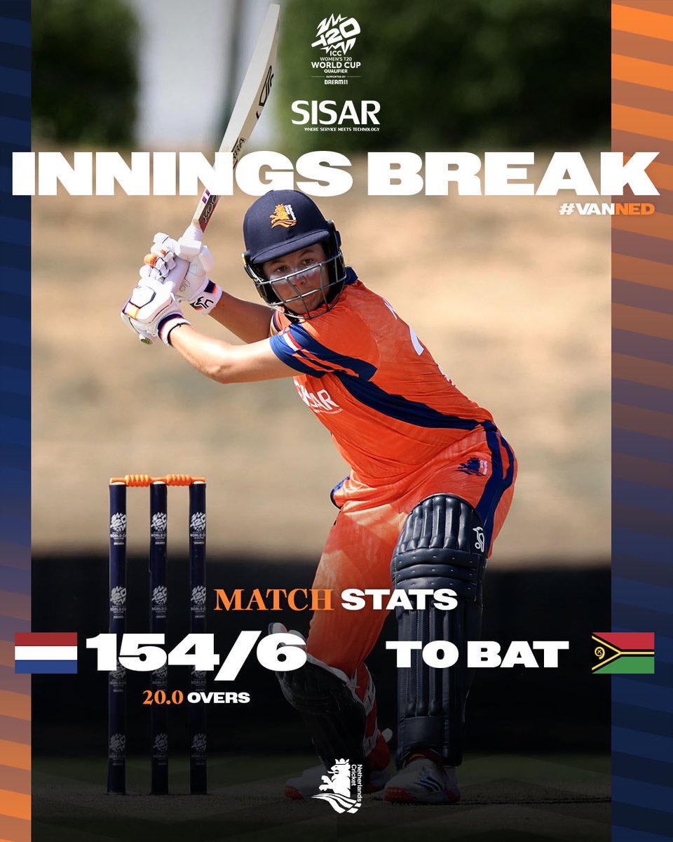 𝗜𝗡𝗡𝗜𝗡𝗚𝗦 𝗕𝗥𝗘𝗔𝗞 ⏳ Sterre Kalis made 70 runs 🔥 Vanuatu need 155 from 20.0 overs 7.75 RRR #kncbcricket #kncbwomen #t20worldcup #sisar #hcl #icc #t20wcq