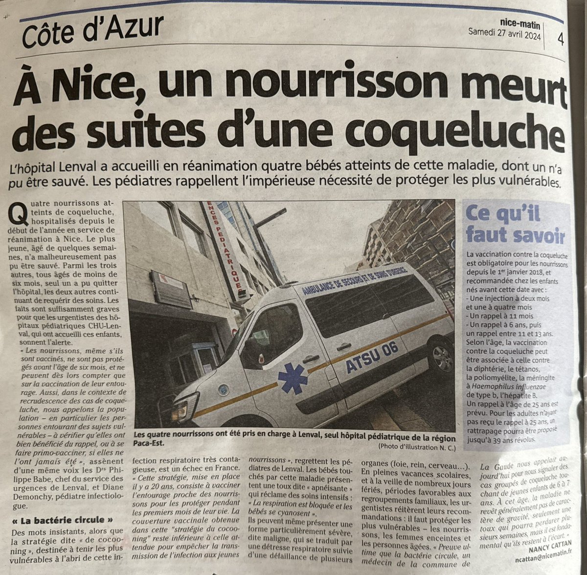 1 très jeune nourrisson mort des suites de la #coqueluche à Nice,  2 autres toujours en soins à l’hôpital des enfants. Jeunes parents et entourage vérifiez vos vaccins. @Nice_Matin