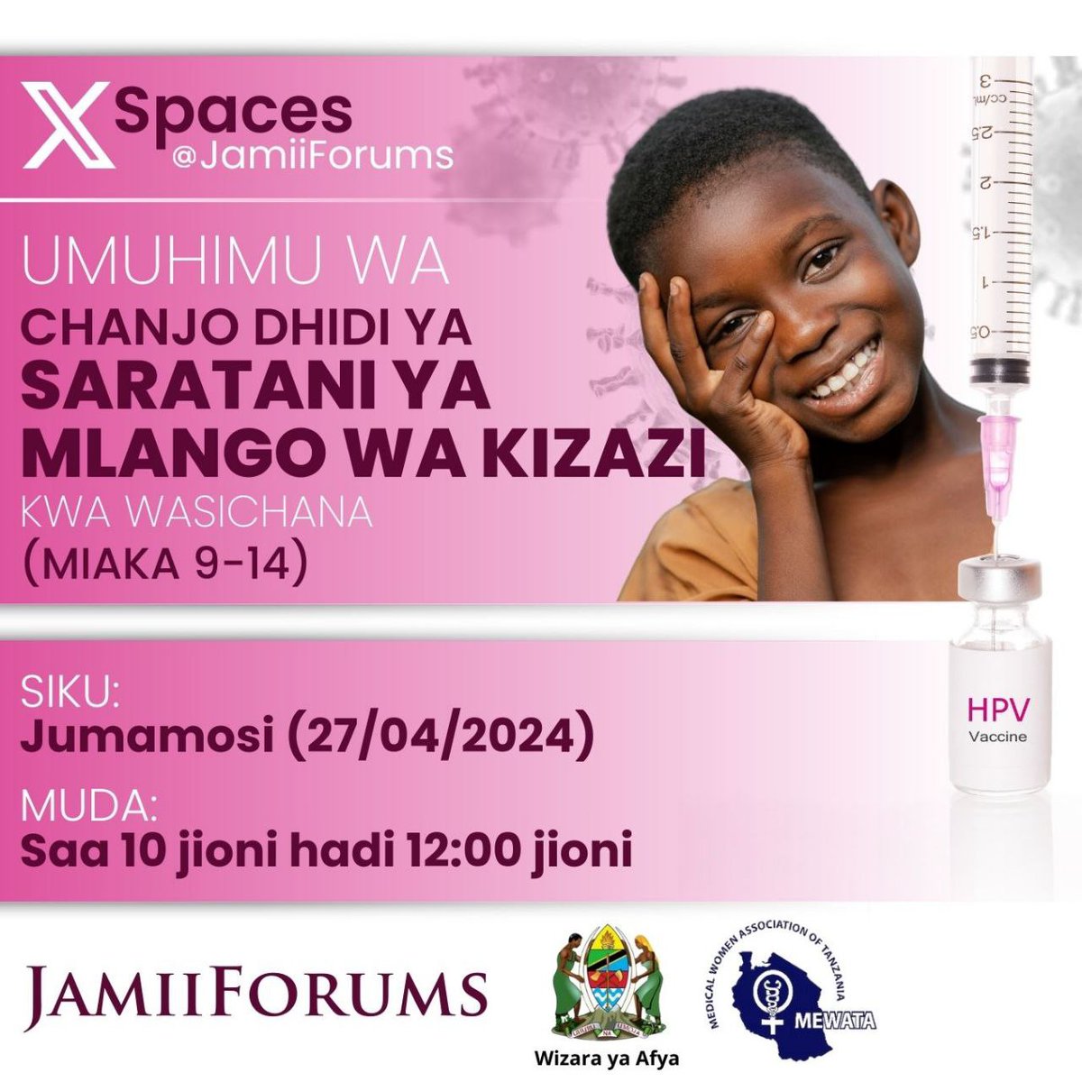 AFYA: Chanjo ya Human Papillomavirus (#HPV) inatolewa na Serikali kwa Wasichana wenye umri wa Miaka 9 hadi 14 kwa ajili ya kuwakinga dhidi ya Ugonjwa wa Saratani ya Mlango wa Kizazi

Saratani hiyo inaweza kuzuilika kwa kupata Chanjo na kutibika endapo Mgonjwa atawahi Matibabu