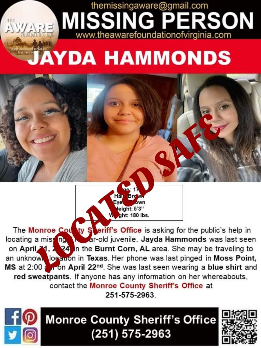 UPDATE: JAYDA has been located and is SAFE. Thanks again for your help. #TheAWAREFoundation