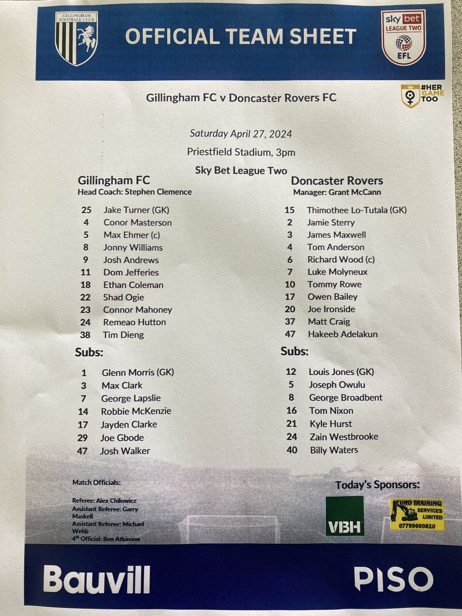 SPORTS HUB: Here’s the team sheet for #Gills v Doncaster Rovers in League Two. 🔵 Max Ehmer will make his 400th appearance for @TheGillsFC. ⚽️ Shad Ogie comes into the starting XI, Max Clark on the bench. 📻 @BBCRadioKent DAB/FM commentary. 📲 bbc.co.uk/sounds/play/li…
