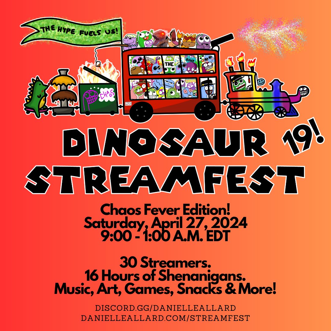 My 19th community #stream #festival, Dinosaur Streamfest, is happening NOW! Join me for a day of #music #art #games #making & more featuring 30 #streamers on #Twitch! Full schedule: danielleallard.com/streamfest Hop on the raid bus here: twitch.tv/danielleallard