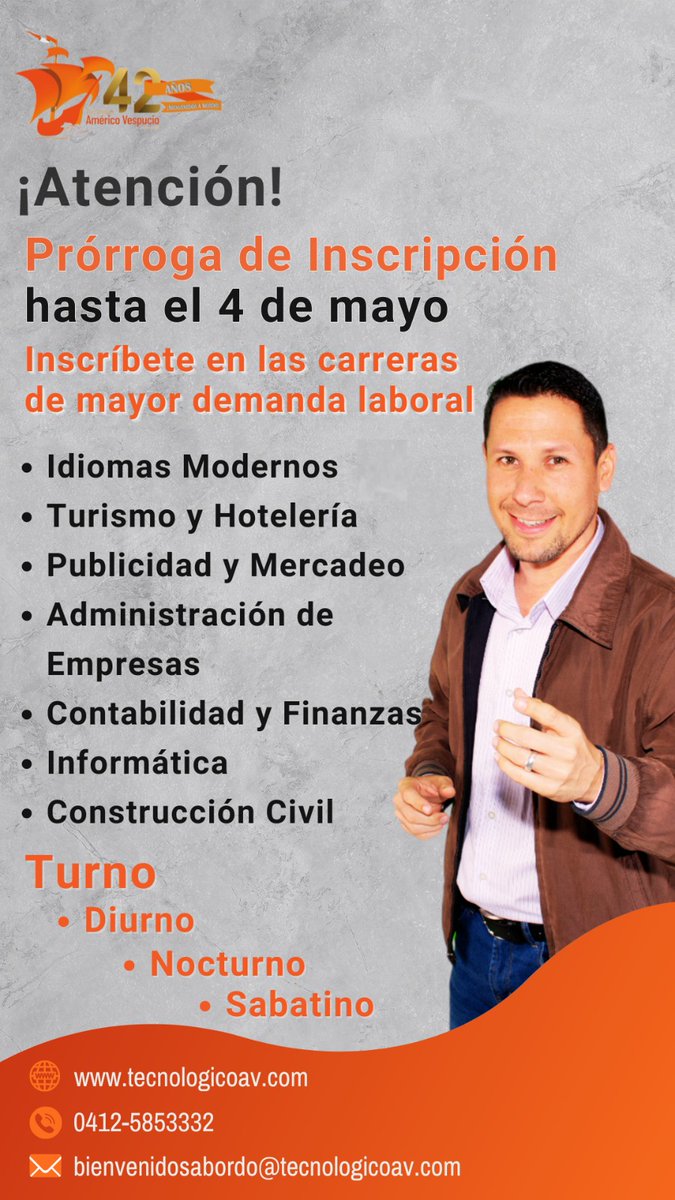 Prórroga Inscripción 2024-2 lunes 29, martes 30 de abril, jueves 02 y viernes 03 de mayo de 8 am a 12 m y de 1:30 pm a 4:30 pm estudiantes regulares y nuevo ingreso, sábado 04 de mayo de 8 am a 12 m estudiantes turno sabatino

Inicio de clases 06 de mayo

#tecav
#IutavEstecav