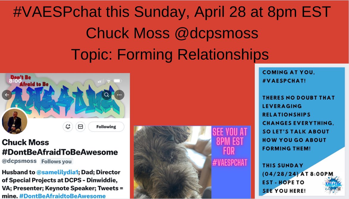 #VAESPchat this Sunday, April 28 at 8pm EST. Guest: Chuck Moss @dcpsmoss Topic: Relationships. @Hahne_Elyse @dmvelliaris @JennyBlalock124 @ERobbPrincipal @DarrinMPeppard @Erik_Youngman @Teacher_Fulton @PrincipalDaub @jfprovencher27 @Buggsnow @_Drew_Graber @smgaillard @theVAESP