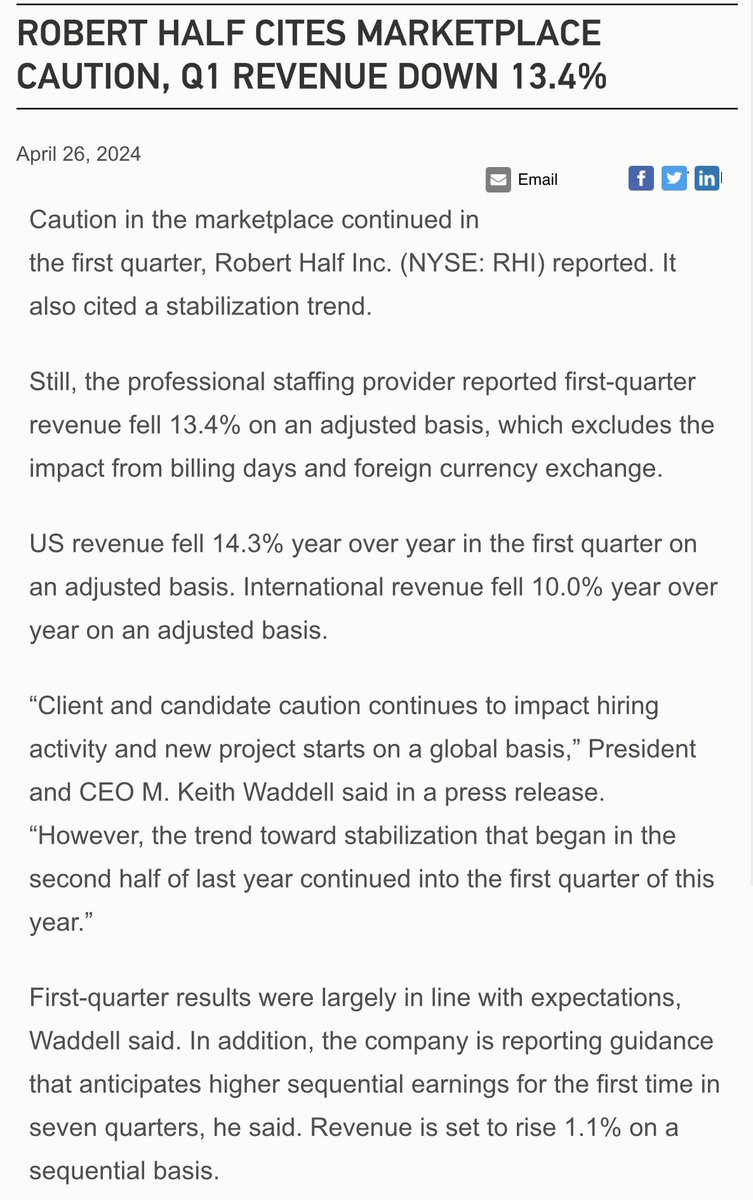 One way to monitor the job market is to take a look how recruiting companies are performing in the market.

Robert Half - one of the largest staffing companies in the US - recently reported earnings.

Revenue fell 13.4% YoY which is no bueno.

They cited there’s still caution