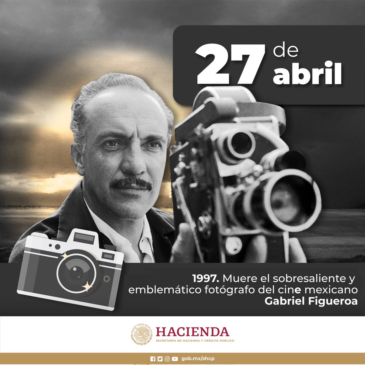 El 27 de abril de 1997 murió el más célebre fotógrafo del cine mexicano: Gabriel Figueroa, quien forjó un estilo visual de gran riqueza artística en las películas del “Indio” Fernández como Enamorada, Bugambilia, La Perla, Río Escondido, Pueblerina, además de realizar la…