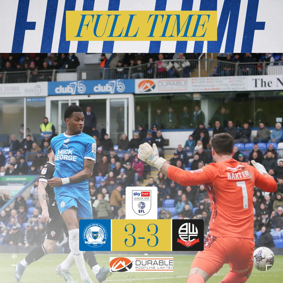 An entertaining final day of the regular campaign. Posh were 2-1 down, but fought back to lead before a late Cameron Jerome leveller. 

Full details of the play-off fixtures to come will be announced in due course. 

Full-time brought to you by Durable Roofline.

🔵 3-3 ⚪ |