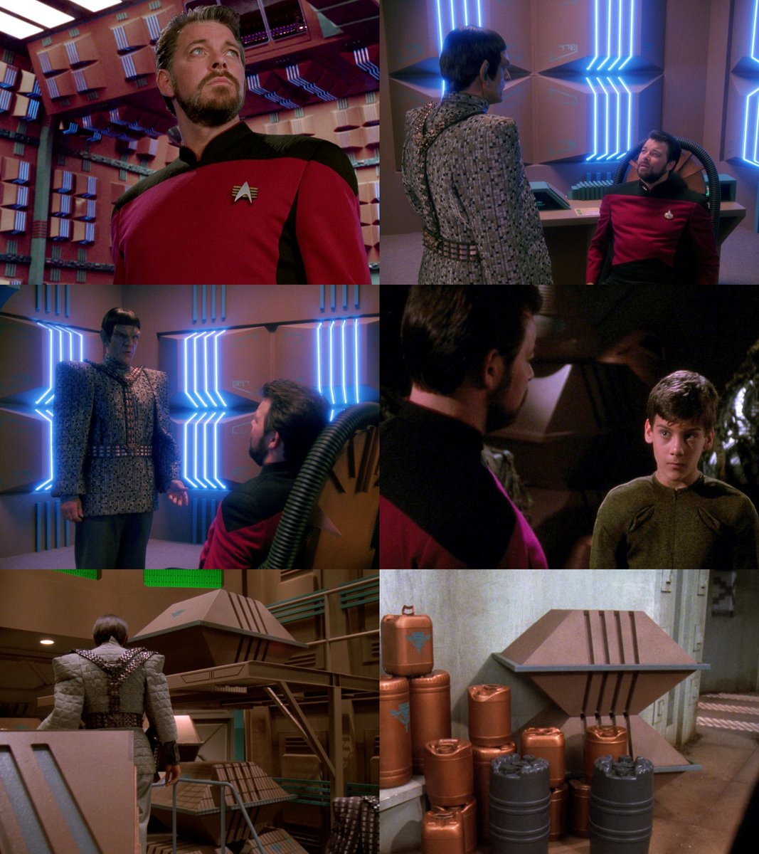 These illuminated Romulan wall panels, first seen in #StarTrekTNG's 'Future Imperfect'↖️↗️⬅️ will later appear as (unilluminated) cargo containers in various Romulan episode ('Future Imperfect'➡️, 'Face of the Enemy'↙️, 'Birthright II'↘️).