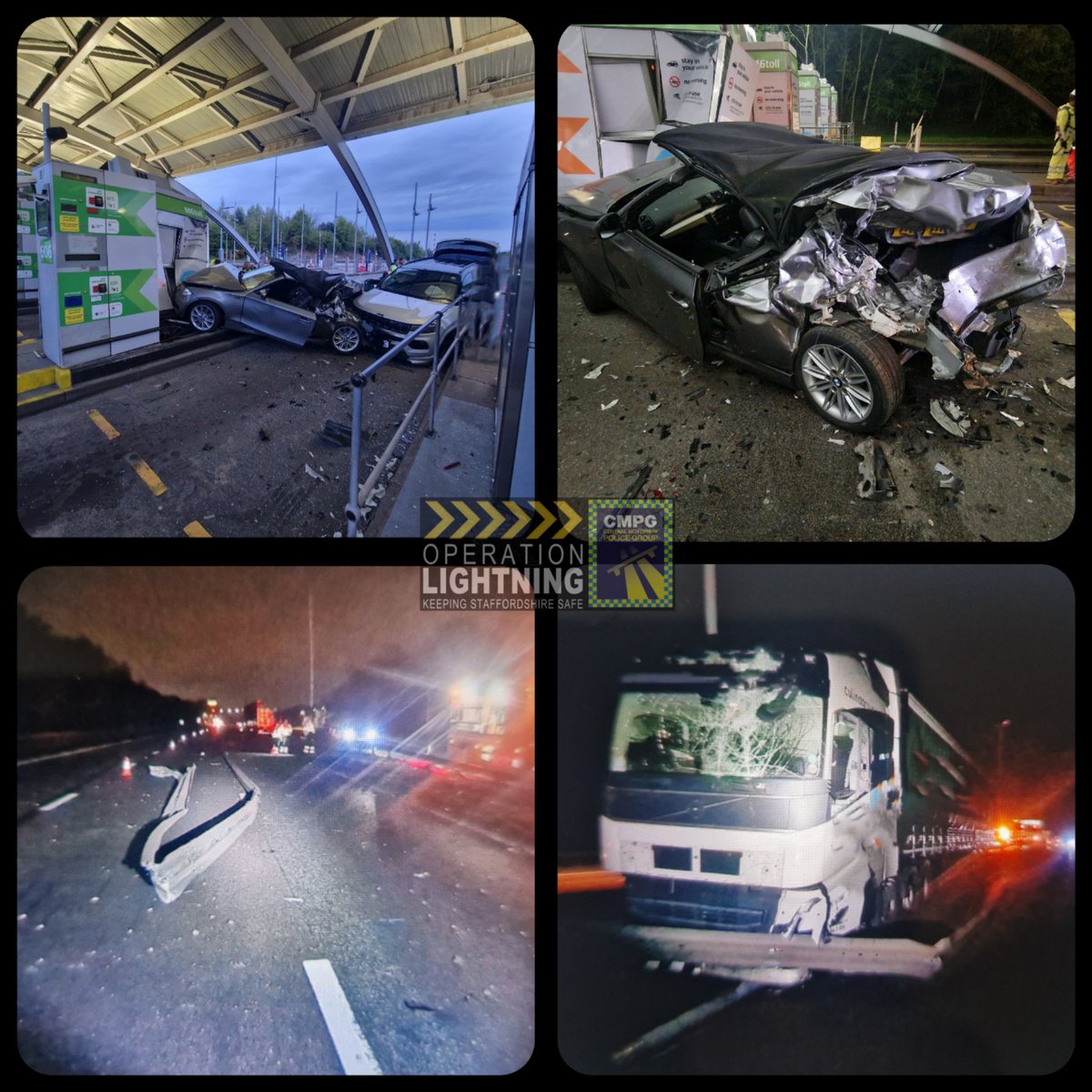 Busy night on the network last night with 2️⃣ serious collisions attended.

1. @M6tollRoad ,Amazingly minor injury only❗️

2. M6 10A-10, Lorry destroyed 100m of barrier, thankfully not crossing over❗️

Prosecutions incoming for both Collisions,#OpLightning 

C-Unit @StaffsPolice