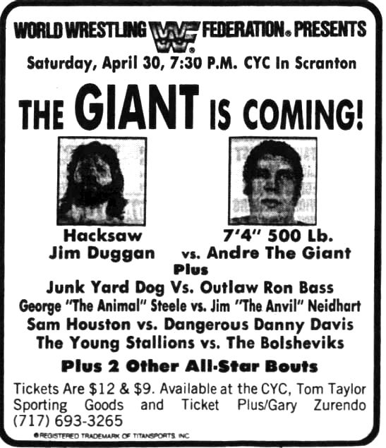 On this day in 1988: The WWF live in action at the CYC in Scranton, Pennsylvania. 🤼 #WWF #WWE #Wrestling #JimDuggan #AndretheGiant