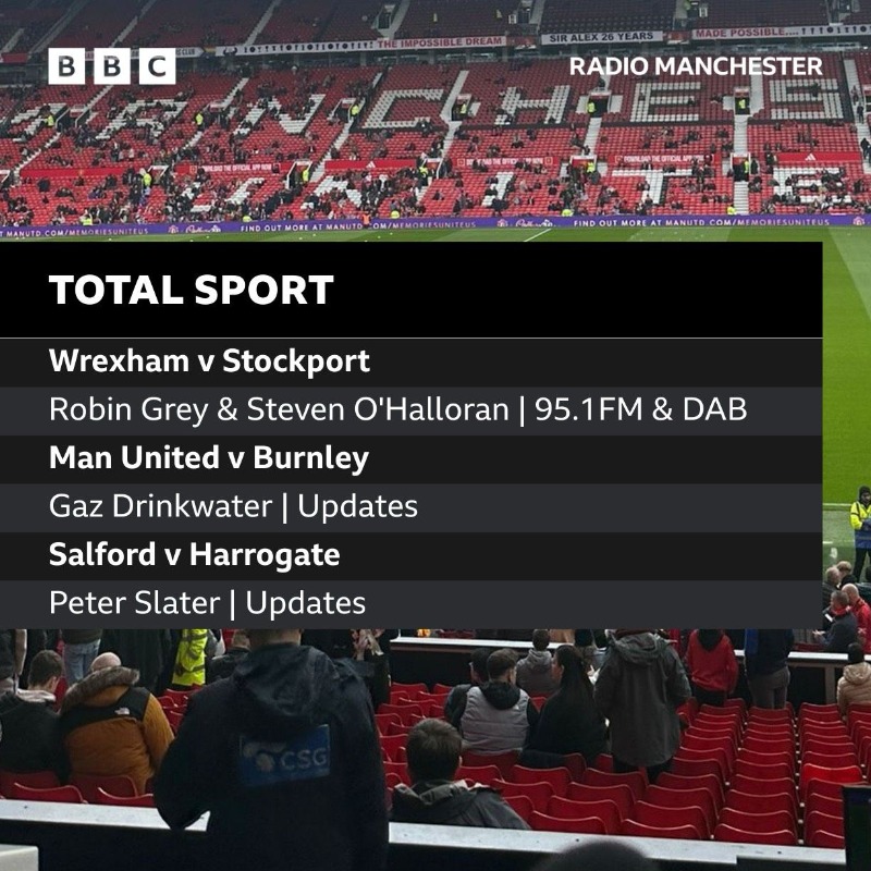 This afternoon on #TotalSport ⚽

Wrexham v Stockport County
🗣️ Robin Grey & Steven O'Halloran 
📻 95.1FM & DAB

We will also bring you updates from games featuring Man United & Salford 🚨

#bbcfootball #StockportCounty #MUFC #SalfordCity