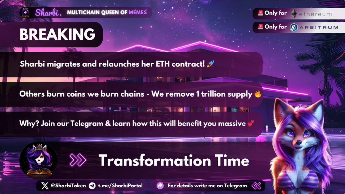 $Sharbi family - Important update 💞 You've all been awaiting our next major move for the Sharbi ecosystem! Well, as always, Sharbi keeps her promises 🔒 We are happy to announce the migration and relaunch of our new ETH contract! 🚀 But we don't stop there, so listen closely…