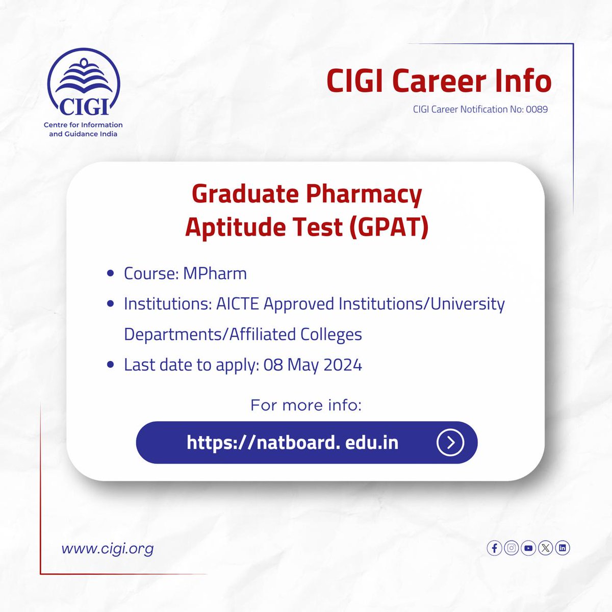 livecigi's tweet image. 👉Graduate Pharmacy Aptitude Test (GPAT)

#cigicareerinfo #CIGI #Kozhikode #NGO #KeralaCommunity #EducationForAll #ThisWeekEvents #NGOImpact #EmpowerThroughEducation #CigiCares #CalicutNGO #SocialServiceHeroes #CommunityImpact #CigiForChange #NGOinAction #CalicutSocialImpact