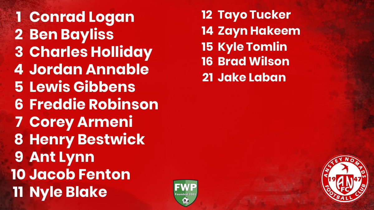 ANSTEY NOMADS: Logan Bayliss Holliday Annable Gibbens Robinson Armeni Bestwick Lynn Fenton Blake; SUBS: Tucker Hakeem Tomlin Wilson Laban @PitchingIn_