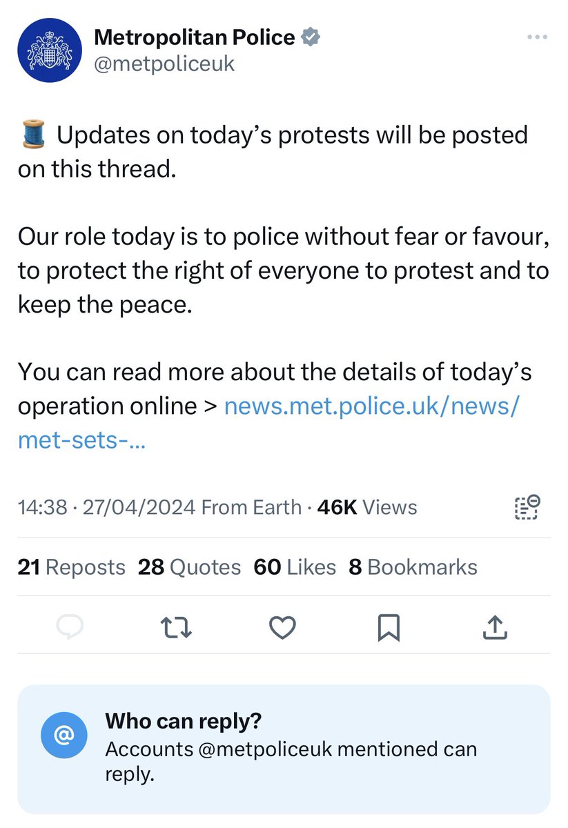 The Met Police fed up of being held to account on X by the public over the two-tier nature of their policing, have now solved this problem.

Have the @metpoliceuk reformed their policing tactics to stand up to the Islamists? No.

They’ve turned off the comments…