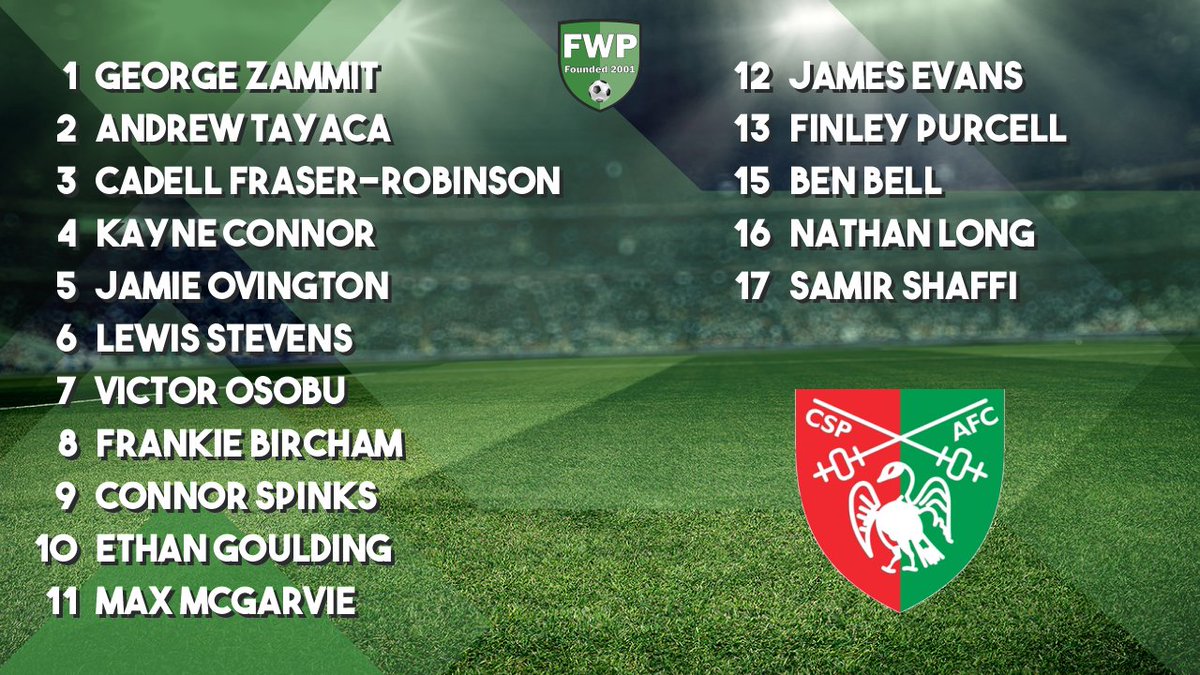 CHALFONT ST PETER: Zammit Tayaca Fraser-Robinson Connor Ovington Stevens Osobu Bircham Spinks Goulding McGarvie; SUBS: Evans Purcell Bell Long Shaffi fwp.co/XptSzg