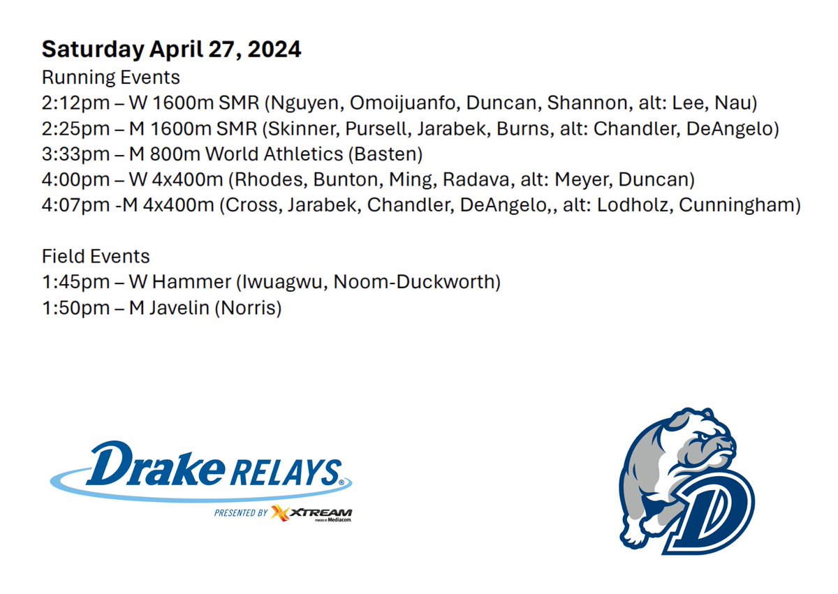 Let's have ourselves a Saturday. 😎

Here's our lineup for the final day of the @DrakeRelays.

#DSMHometownTeam