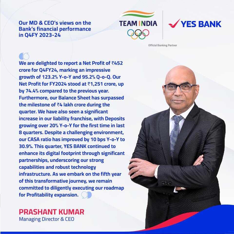 rahulgyanpur's tweet photo. Mr. Prashant Kumar, Managing Director & CEO, YES BANK, reflects on our progress in Q4 FY2023-24 and outlines future opportunities.
#YESBANK #LifeKoBanaoRich #PoisedForGrowth #Q4Results #Q4FY24 https://t.co/GtWTzxxTws