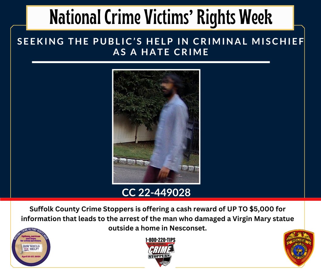 The SCPD is seeking the public’s help to identify and locate a man who is wanted for criminal mischief as a hate crime. If you have information, call Suffolk County Crime Stoppers at 1-800-220-TIPS. Click below to see video of the incident. youtube.com/watch?v=NSL1wX…